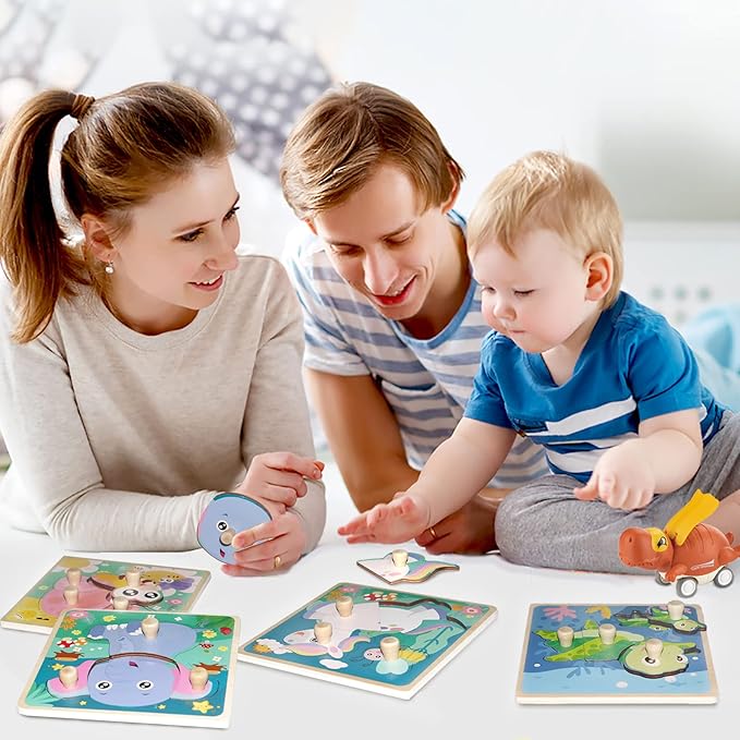Wooden Toddler Puzzles, Funsland Peg Puzzles Gifts Toys, 4 Pcs Eco Friendly Animal Patterns Jigsaw with Handles, Infant Kid Fine Motor Skill Learning Educational Montessori Puzzles for 1 2 3 Years Old