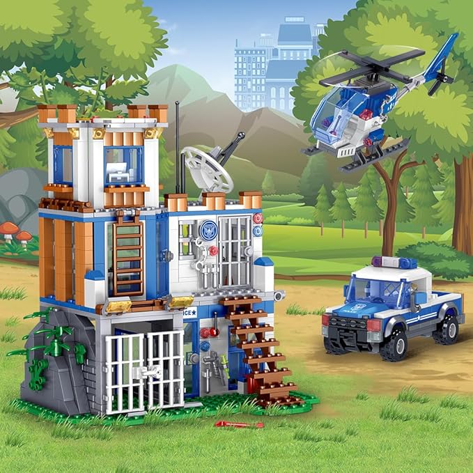 MindBox City Police Station Building Set, 819pcs STEM Toy with Helicopter Airplane,Police Car, Radar,Police Station, Building Set for 6-12 Boys (Compatible with Lego Set), MY117, Green