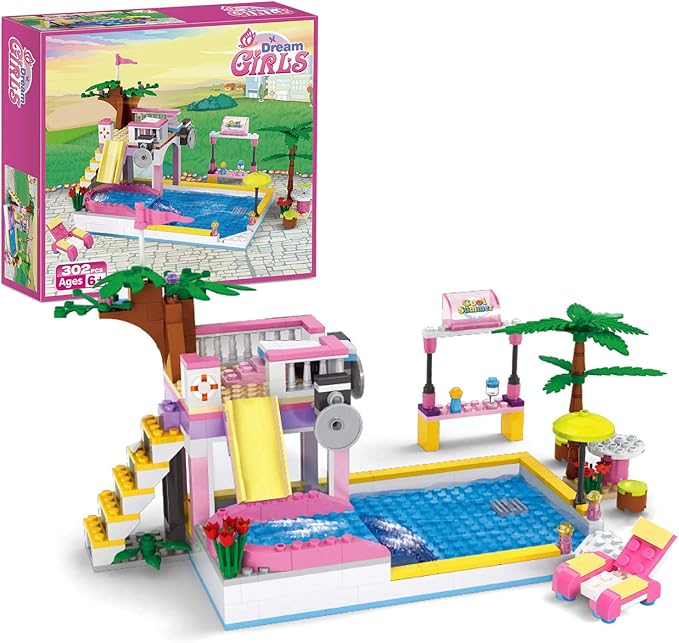 BRICK STORY Dream Girls Friends Summer Pool Party Building Sets with Diving Platform Slides Juice Bar Sun Lounger Palm Tree Summer Fun Water Park Pool Building Blocks Gift for Kids Aged 6-12 (302 PCS)