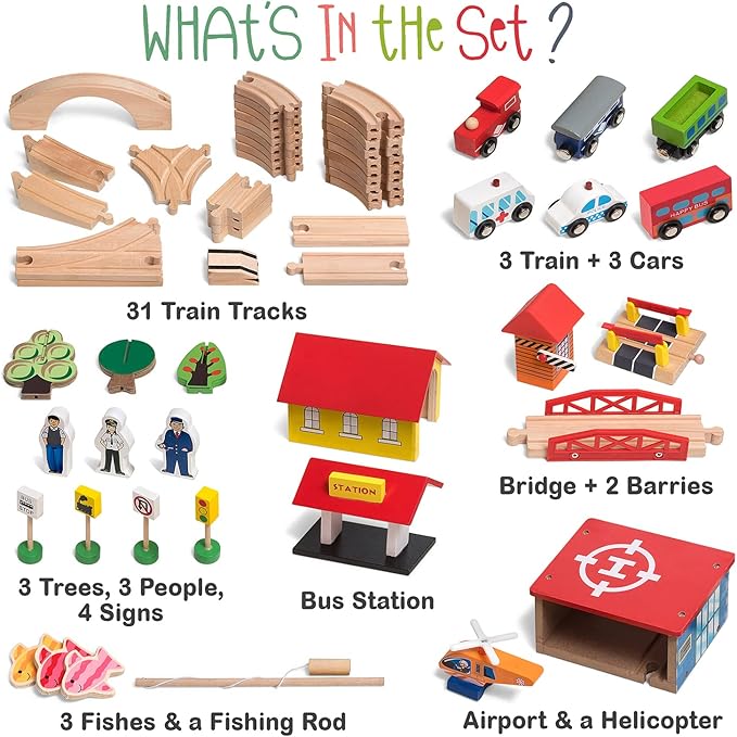 Wooden Train Set - 69 Pieces Wooden Train Tracks & Trains for Kids, Toddler Boys and Girls 3,4,5 Years Old and Upā Premium Wood Construction Toys -Fits Thomas, Brio, IKEA, Melissa and Doug
