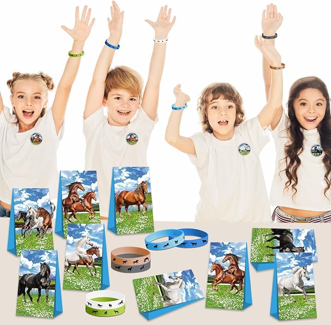 113 PCS Horse Party Favors Set, 41 Horse Stickers, 12 Goodie Bags,12 Button Badges, 12 Keychains, 12mini notepads,12 rubber bracelets for Cowboy Cowgirl Animal Horse Birthday Party Supplies (Blue)