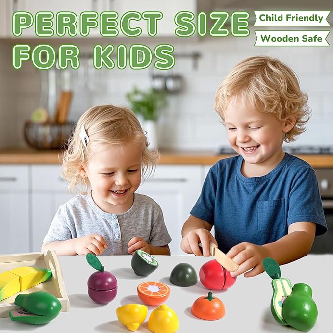 Fajiabao Wooden Play Food Set for Kids Kitchen Montessori Toddlers Toys 1-3 Pretend Cutting Fruit Educational Easter Birthday Gifts for Girls Boys 2 3 4 Year Old