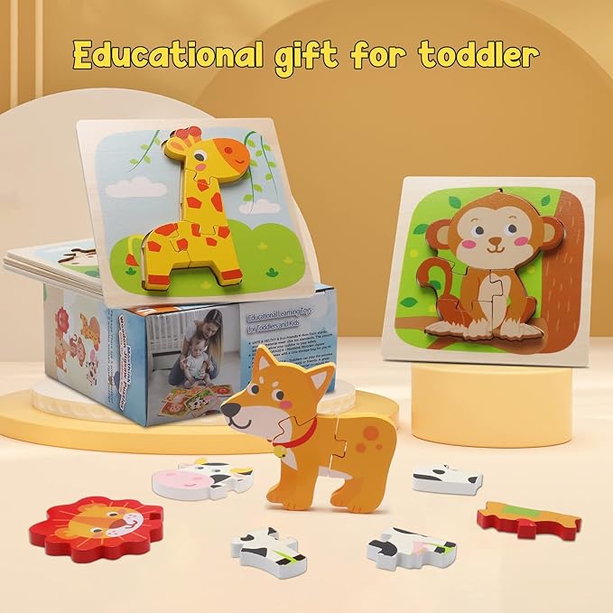 Wooden Toddler Puzzles for 1,2,3 Years, 5-Pack Animal Shape Puzzles for Kids 2-4, Montessori Educational Learning Toy Birthday Gifts for Boys and Girls
