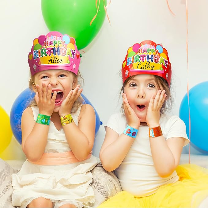 Yunsailing 108 Pcs Happy Birthday Party Supplies for Kids Include 36 Birthday Paper Crowns 36 Birthday Badge Stickers 36 Happy Birthday Slap Bracelets for Classroom School Party Supply(Bright Color)