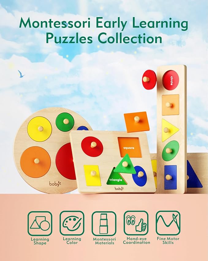 Boby Montessori Colorful Geometric Shapes Puzzle Board for Toddlers 1-3 Years | Wooden Knob Peg Baby Puzzles for 12-24 Months Early Learning Educational Toy