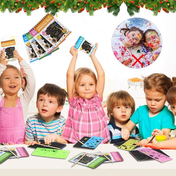 POKONBOY 16 Pack Scratch Arts and Crafts Notebooks, Scratch Note Pads for Kids Rainbow Party Favors Coloring Books for Kids Art Party Supplies Stocking Stuffers(16 Wooden Stylus & 4 Drawing Stencils)