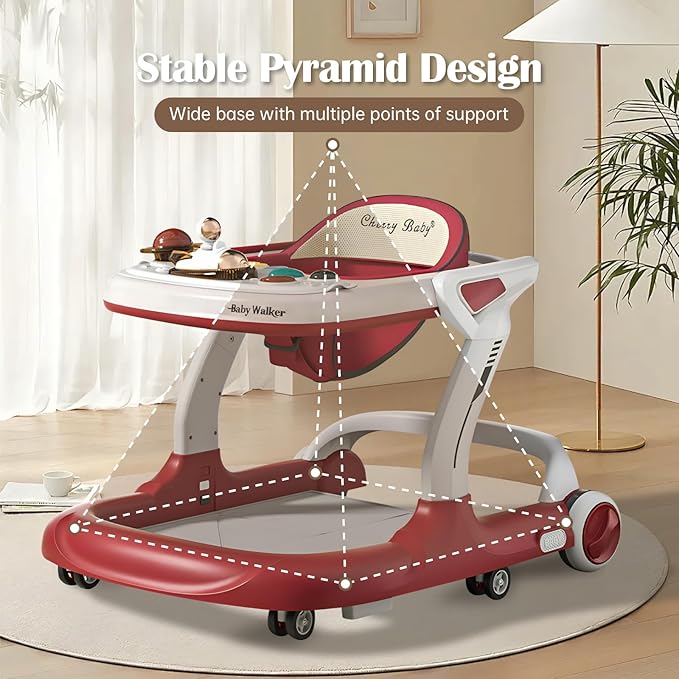 Baby Walker with Wheels Music and Lights with 9 Adjustable Heights Anti-Fall Baby Walker and Bouncer Combo for Boys Girls Babies 6-18 Months (Red and White)