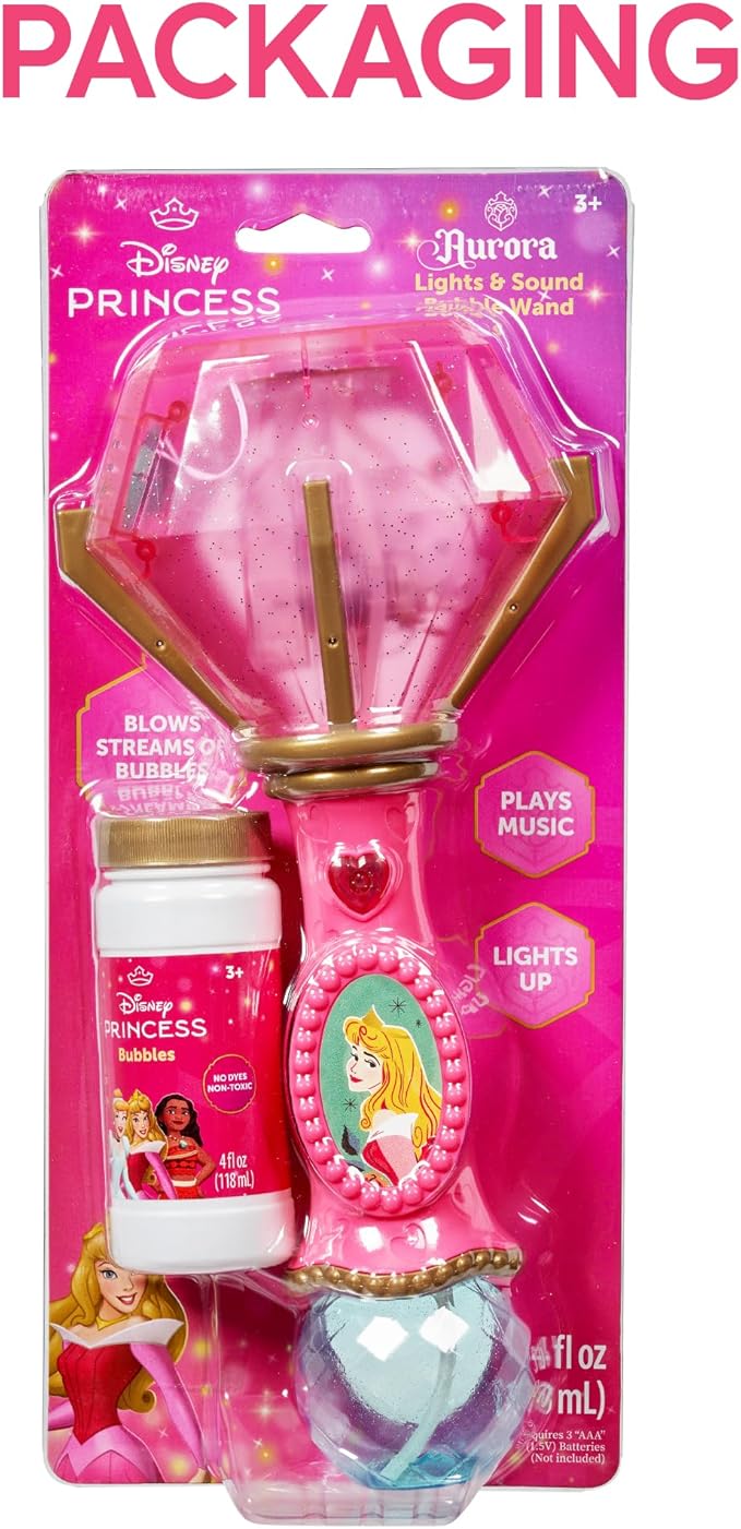 Little Kids Disney Princess Sleeping Beauty Aurora Light and Sound Musical Bubble Wand, Includes Bubble Solution
