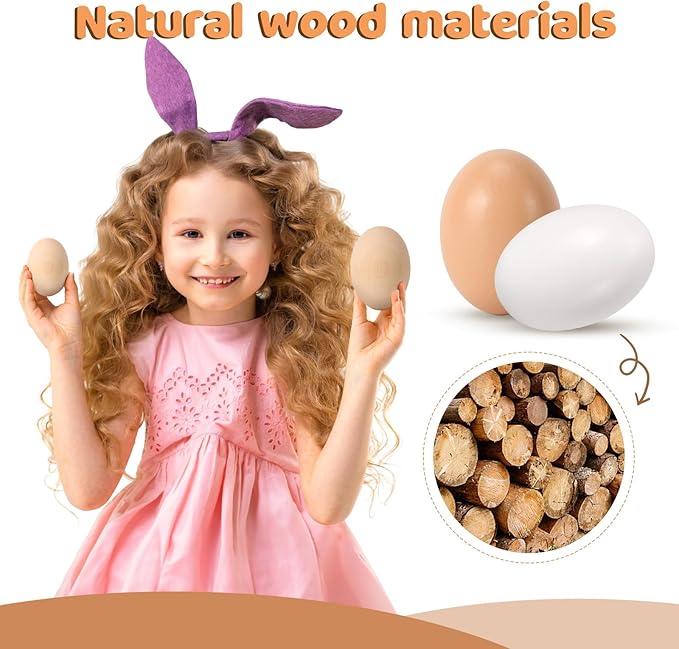 Wooden Eggs, 15-Count Unpainted Wooden Eggs in Carton for Painting, Crafts, and Dyeing, Food Toys for Kitchen Play and Room Decor, Fake Eggs for Nesting Boxes and Poultry Incubators.
