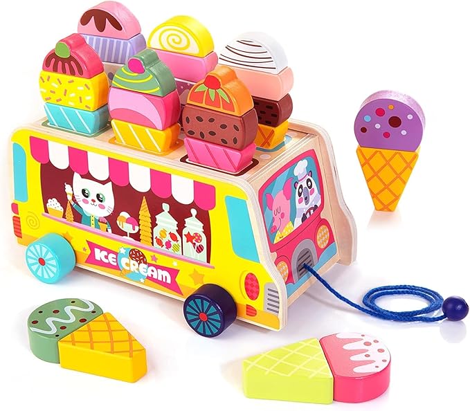 Tamy&Zee Wooden Ice Cream Truck, 27 pcs Magnetic Ice Cream Pretend Play Food & Accessories, Montessori Sorting & Stacking Toys for Toddler Girls & Boys Age 3+…