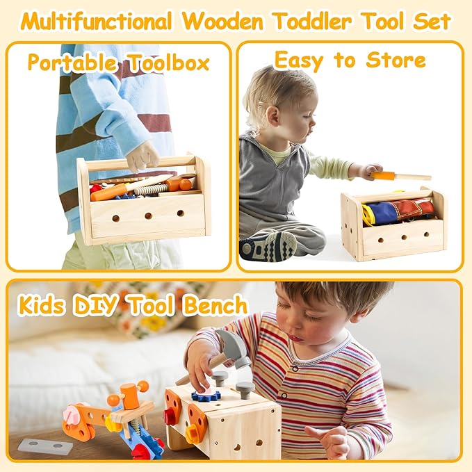 TONZE Kids Tool Set with Apron, Wooden Toddler Tool Bench Montessori Toys for 2+Year Old 39 PCS Educational STEM Construction Toys for Ages 2-4 Pretend Play Toddler Toys 3 4 5 Year Old Birthday Gift