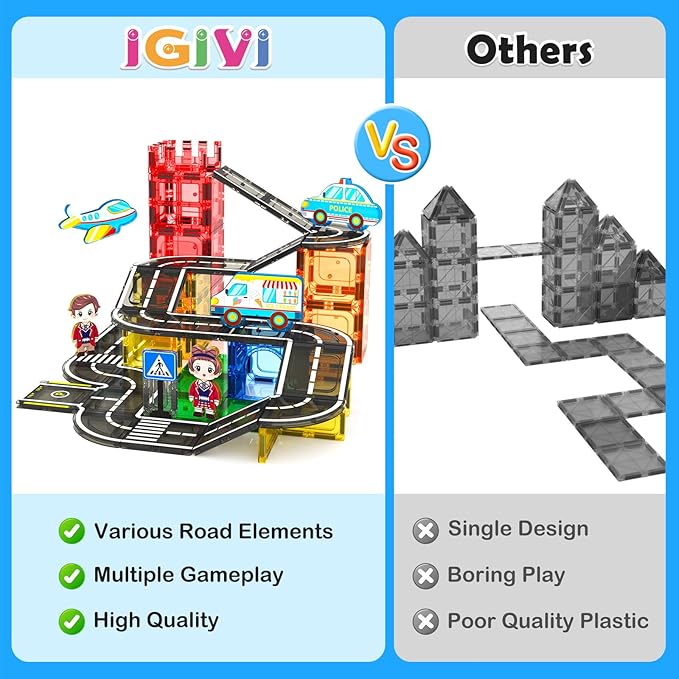 Magnetic Tiles City Road Set with Magnet Car Toys, Magnetic Blocks Building Toys for Kids, STEM Construction Toys for Toddlers,Toy Gifts for 3+ Year Old Boys & Girls