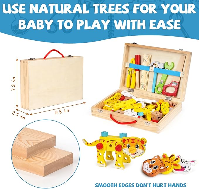 Wooden Kids Tool Set, Toddler Tool Kit with Wooden Toolbox,Construction Set for Kids,Educational DIY Construction STEM Toy, Animal Building Blocks Assembly, Preschool Learning Gift for Boys and Girls