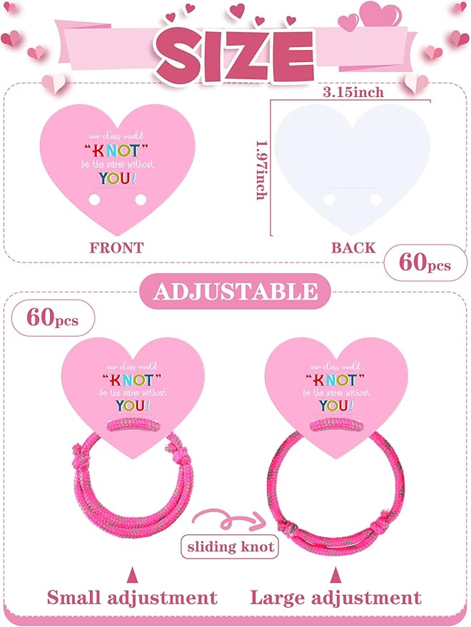 Junkin 60 Sets Valentine Knot Bracelets with Cards Our Class Will Knot Be the Same Without You Classroom Valentines Exchange Gifts Friendship Bracelets Cards for Kids Party Favors (Heart Card)