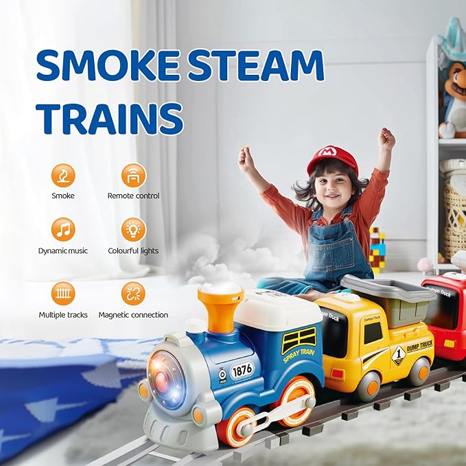 Train Toy for Kids 3-8, Remote Control Train Set with Lighting & Music & Water Steam for 3+ Boys, Electric Train Set with Train Tracks Accessories, Gift for Toddlers Girls Age 4 5 6 7 8