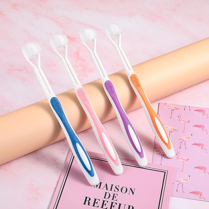 Boao 4 Pieces Three Sided Toothbrush Autism Sensory Toothbrush Bristle Travel Brush for Kids Complete Teeth Gum Care Good Angle Clean Tooth, Soft and Gentle(Pink, Blue, Orange, Purple)