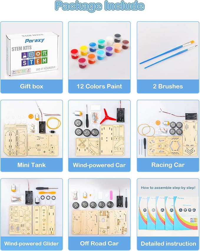 Poraxy STEM Kits for Kids Age 8-10, 5 Set STEM Toys for Boys Age 8-12, Wooden 3D Puzzles Model Car Kits, Science Kit Crafts Building Project, Birthday Gifts for 6 7 8 9 10 11 12 13 Year Old Boys Girls