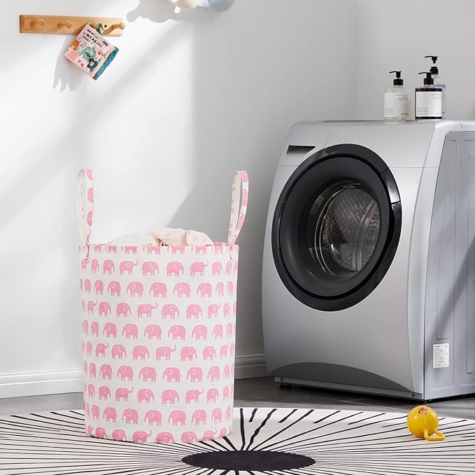 TECHMILLY Large Storage Basket for Girls and Boys, Collapsible Laundry Hamper with Long Handles, Toy Bins for Nursery, Kids Room Décor (Pink Elephant, 2 Pack)