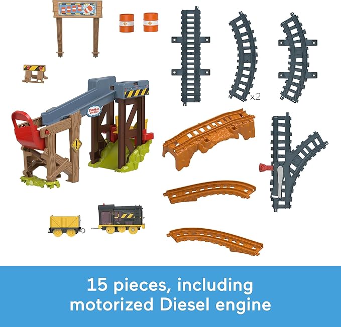 Thomas & Friends Motorized Toy Train Set Diesel’s Lift & Load Construction with Track & Cargo for Preschool Kids Ages 3+ Years