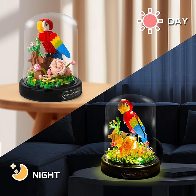 Topdear Flower Parrot Bouquet Building Set with LED String Light and Dust Cover, 551 Pcs Animals Flower Mini Bricks Building Blocks Toy for Kids, Adults, Gift for Mother's Day, Christmas(Red)