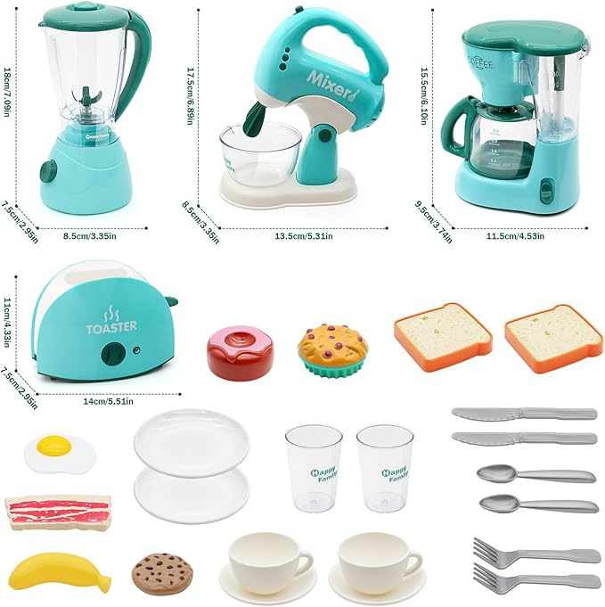 Pretend Play Kitchen Appliances Toy Set, Kids Kitchen Accessories Set - Coffee Maker, Toaster, Mixer, Blender with Light and Sound, Food Playset, Dishes for Girls Boys Kids Ages 3 4 5 6 7 8