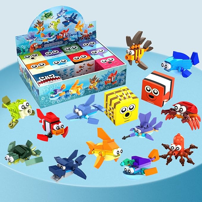 12 In 1 Pre Filled Sea Creatures Building Block Set-12 Pcs Mini Building Blocks Toys, STEM Building Blocks Toys, Classroom Prize Toys, Party Favor for Kids,Birthday,Goodie Bags,Carnival Prizes