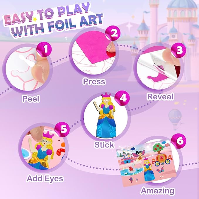 URMYWO Fun Foil Art Craft Supplies Kits, Princess Arts and Crafts for Kids Ages 4-8, No Mess DIY Creative Activity Sticker & Coloring Books, Travel Toys, Gifts for 4 5 6 7 8 9 10 Year Old Girls Boys