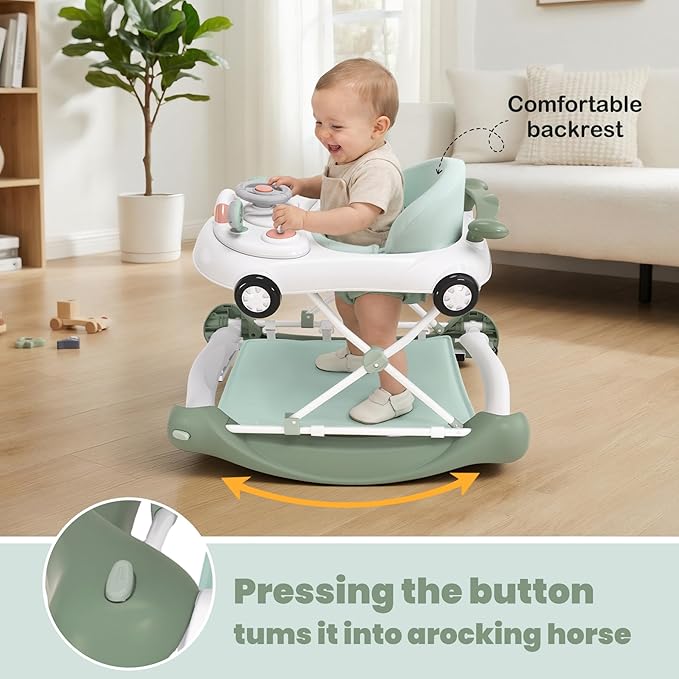 5-in-1 Convertible Baby Walker with Steering Wheel Music Activity Center – Infant Rocker, Jumper, Push Walker, Bouncer & Feeding Foldable Walker for Ages 6-18 Months Boys Girls (Mint)