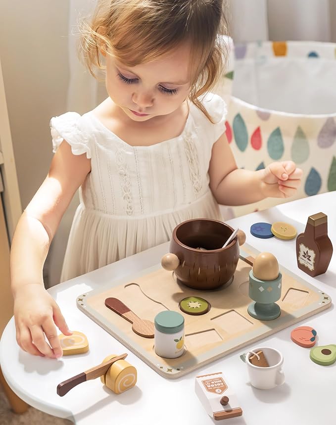 ROBOTIME Play Food Sets for Kids Kitchen, Wooden Food Toys Play Kitchen Accessories, 30+ Pieces Breakfast Set, Montessori Pretend Play Kitchen Toys, Gift for Boys & Girls Ages 3-6