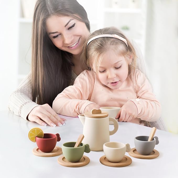 Wooden Tea Set for Little Girls, Enchanting Tea Party Set Silicone Tea Set Teapot Cups Carrying Scoop Kids Kitchen Accessories Toys Toddler Tea Set Girls Gift