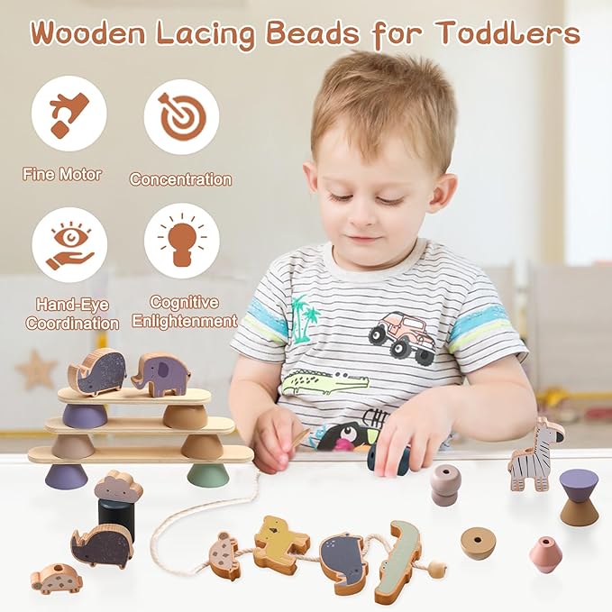 Wooden Animals Threading Toys Lacing Beads for Toddlers 2 3 4 5 Years Old, Stacking Blocks Balance Toy, Educational Preschool Learning Toy, Montessori Activities for Boys & Girls