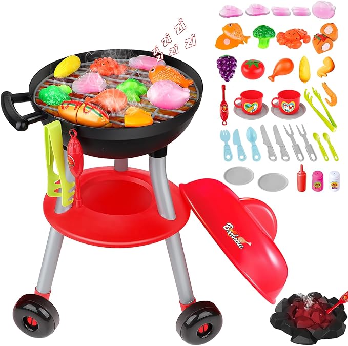 deAO Kids BBQ Grill Playset,36 Pcs Kitchen Toy with Realistic Smoke,Light,6Pcs Change Color Pretend Foods,Cutting Foods Toys,Interactive BBQ Toy Set for Kids