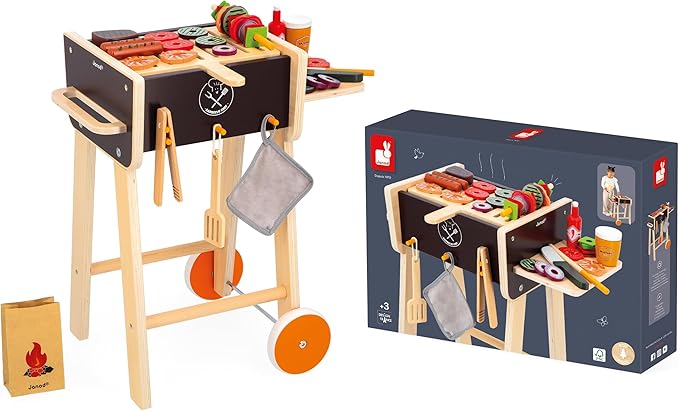 Janod - J06619 Wooden Barbecue - Imitation Kitchen and Dinette Toy for Children - 57 Accessories Included - 2 Silent Wheels - Ages 3 and Above