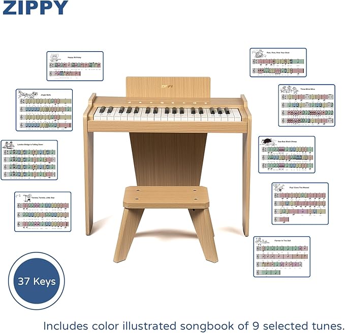 ZIPPY Kids Piano Keyboard, 37 Keys Digital Piano for Kids, Touch Sensitive Control Panel, Built-in Songs, Volume Adjustable, Music Educational Instrument, Wood Piano for 3+ Girls and Boys, Oak Plus