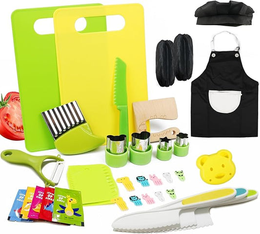 Montessori Kitchen Tools for Toddlers Cooking, Wooden Kids Kitchen Knife Set Include Plastic Toddler Safe Knives, Apron Set, Cutting Board, Sandwich Cutter, Y Peeler, Crinkle Cutter