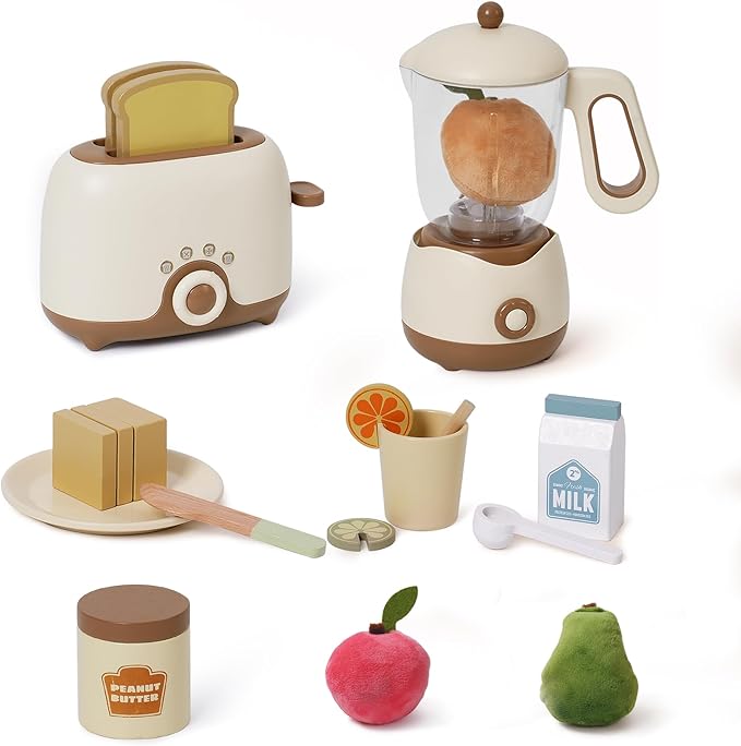 ROBOTIME Kids Toy Kitchen Set - Wooden Play Kitchen Appliances with Toaster, Blender with Realistic Sounds, Play Kitchen Accessories Toy Food Set for Kids - Kitchen Playset for Toddlers(2-Set)