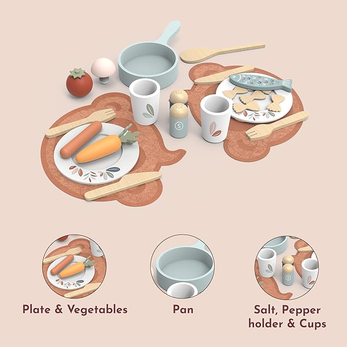 Speedy Monkey Wooden Dining Set for Two – 19-Piece Pretend Play Meal Kit with Pasta, Fish, Sausage, Vegetables, and More – for Kids 2yrs Up | Encourages Imagination, Role Play & Fine Motor Skills