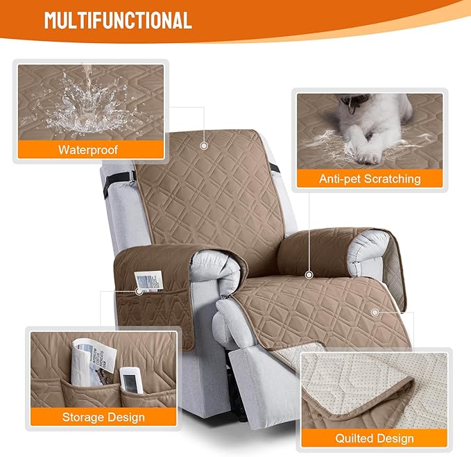 VANSOFY 100% Waterproof Recliner Chair Covers, Recliner Cover Non-Slip Dog Chair Cover Furniture Protector Washable Slipcover with Pocket, Elastic Straps for Pets, Dogs(Light Brown, 23.6")