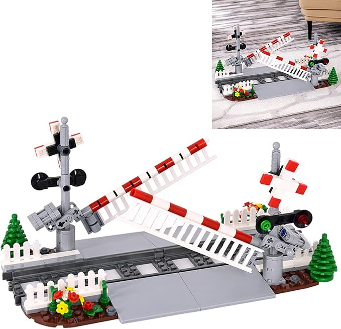 Train Tracks Building Block Set 02, City Train Track Railroad Tracks, Traffic Light Railroad Crossing Building Bricks, Compatible with Lego 853792 Accessory, Kid Gifts for Ages 6+