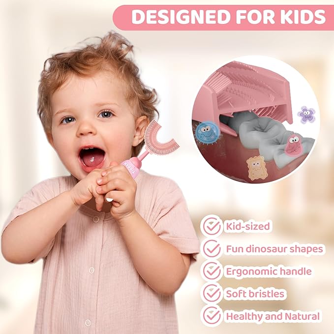 Toddler U-Shaped Toothbrush for 2-6 Years, Training Toothbrush, Kids Toothbrush, Food Grade Soft Silicone Brush Head, 360° Oral Teeth Cleaning Design for Kids, U-Shape Toothbrush for Kids (Pink