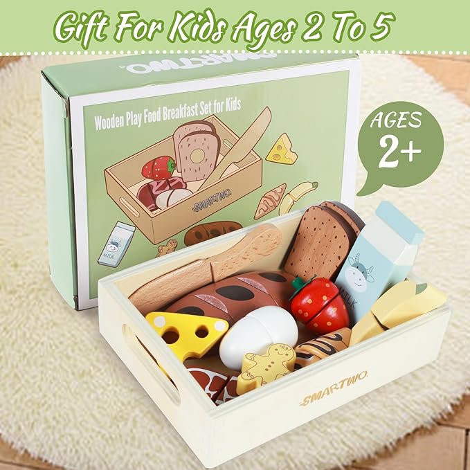 Wooden Bakery Toy Food Breakfast Set for Kids,Pretend Play Food Kitchen Accessories with Crates,Fake PlaySets Montessori Toys,Toddlers Cutting Food Gift for Boys and Girls Ages 2+