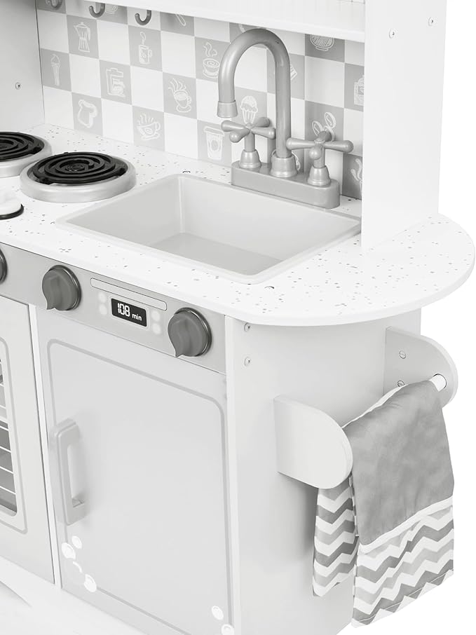 Lil' Jumbl Kids Kitchen Set, Pretend Wooden Play Kitchen with Chalk Board, Play Phone, Towel Rack & Ice Dispenser, Clicking Knobs, Pots & Utensils Included - White