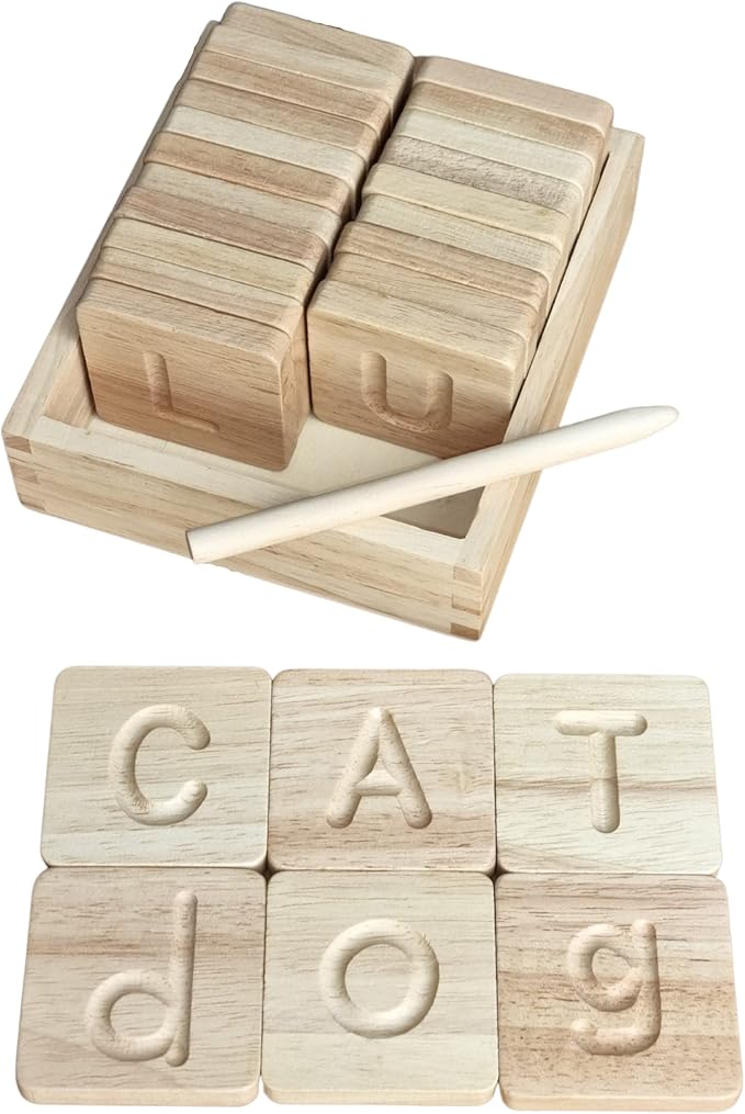 Montessori Wooden Alphabet Tiles Set – Tracing Letters for Kids | Double-Sided ABC Flash Cards (Uppercase & Lowercase) | Includes Stylus Pen & Storage Box | 26-Piece Educational Toy