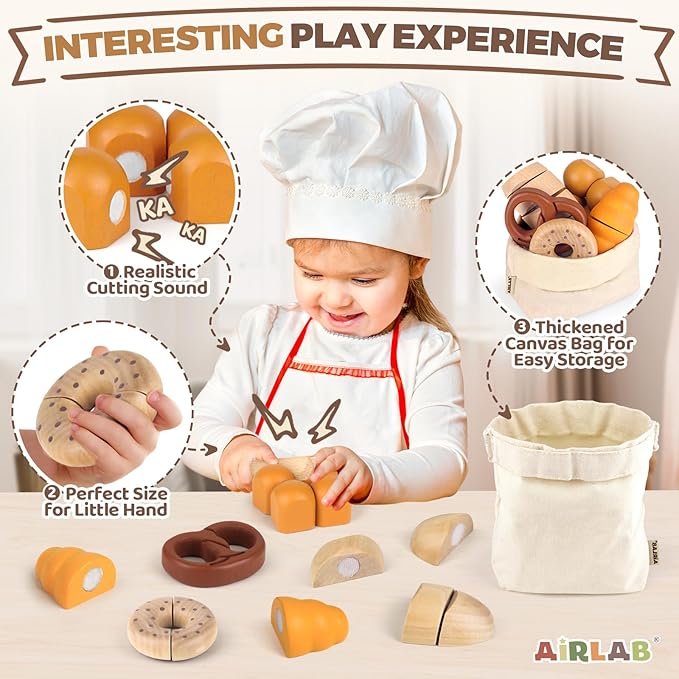 Wooden Play Food Bakery Toy Sets for Kids Kitchen Grocery Pretend Food Accessories Playsets for Kids Ages 4-8 Birthday Gift for Boys Girls Educational Toys