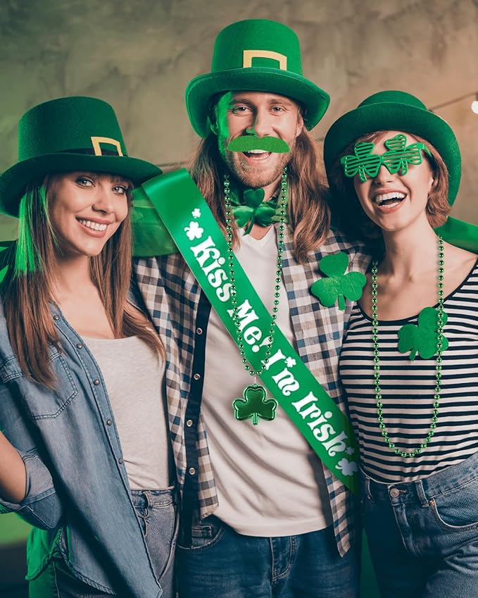 117Pcs St. Patrick's Day Party Favors Supplies Include Necklace, Shamrock Shutter Shades Glasses, Tattoos, Mustache, Bracelets, Kiss Me I'm Irish Sash for Kids St Patrick's Day Party Accessories Decor