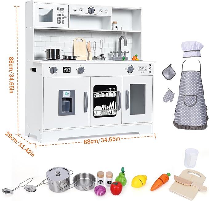Wooden Play Kitchen Set, Kitchen Playset with Cookware Accessories, Microwave, Oven, Sink, Real Lights & Sounds - Perfect for Chef Pretend Play