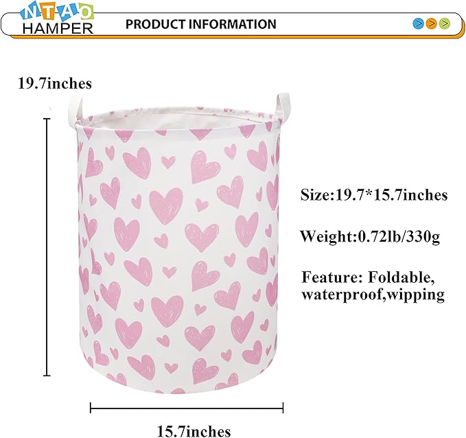 NTAOHAMPER Pink Heart Laundry Hamper, Laundry Basket, Girls Nursery Hamper,Waterproof Storage Bin for Bedroom,Clothes Organizer Basket, Room Decor(Pink Heart)