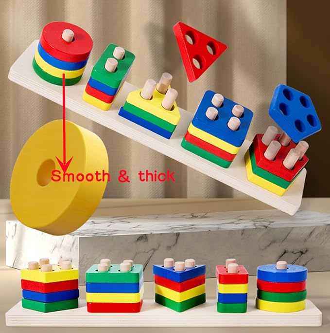 Shape Puzzles Wooden Puzzles for Toddlers 1-3, Color Shape Sorter Stacking Matching Sensory Toys Educational Learning Puzzle Toys for Boys Girls Preschool Birthday, Multicolor