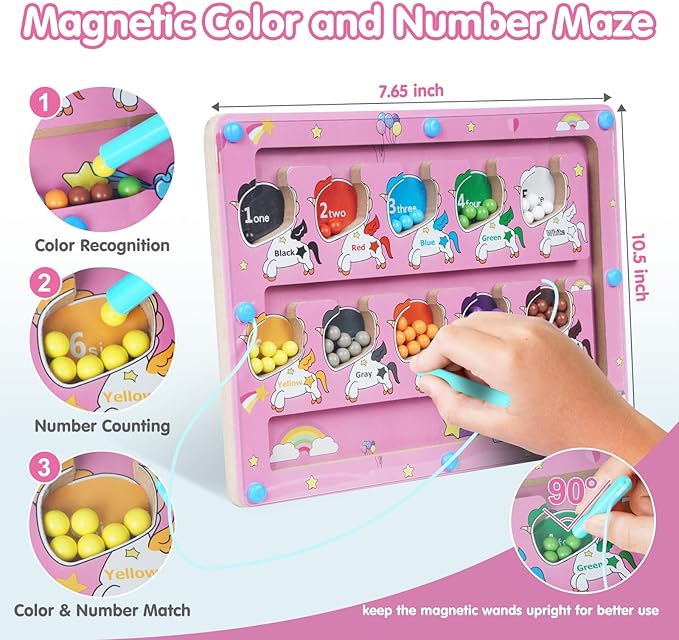 Magnetic Color and Number Maze, Montessori Toys for 3+ Year Old, Wooden Puzzles Activity Board, Learning Educational Fine Motor Skills Travel Toys, for Kids Boy Girl