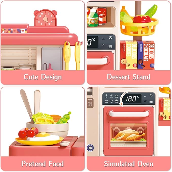 deAO Kids Kitchen Playset 50PCS Play Kitchen Toys Accessories with Sounds Lights, Cooking Stove Steam, Play Sink and Food, Pretend Kitchen Toy Gift for Toddler Aged 2 3 4 5 6 7 8 Years